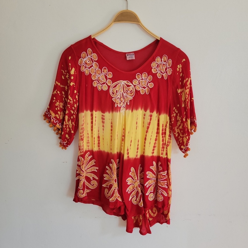 Vintage Shoreline Embroidered Batik Top One Size Red Yellow Embroidered Boho